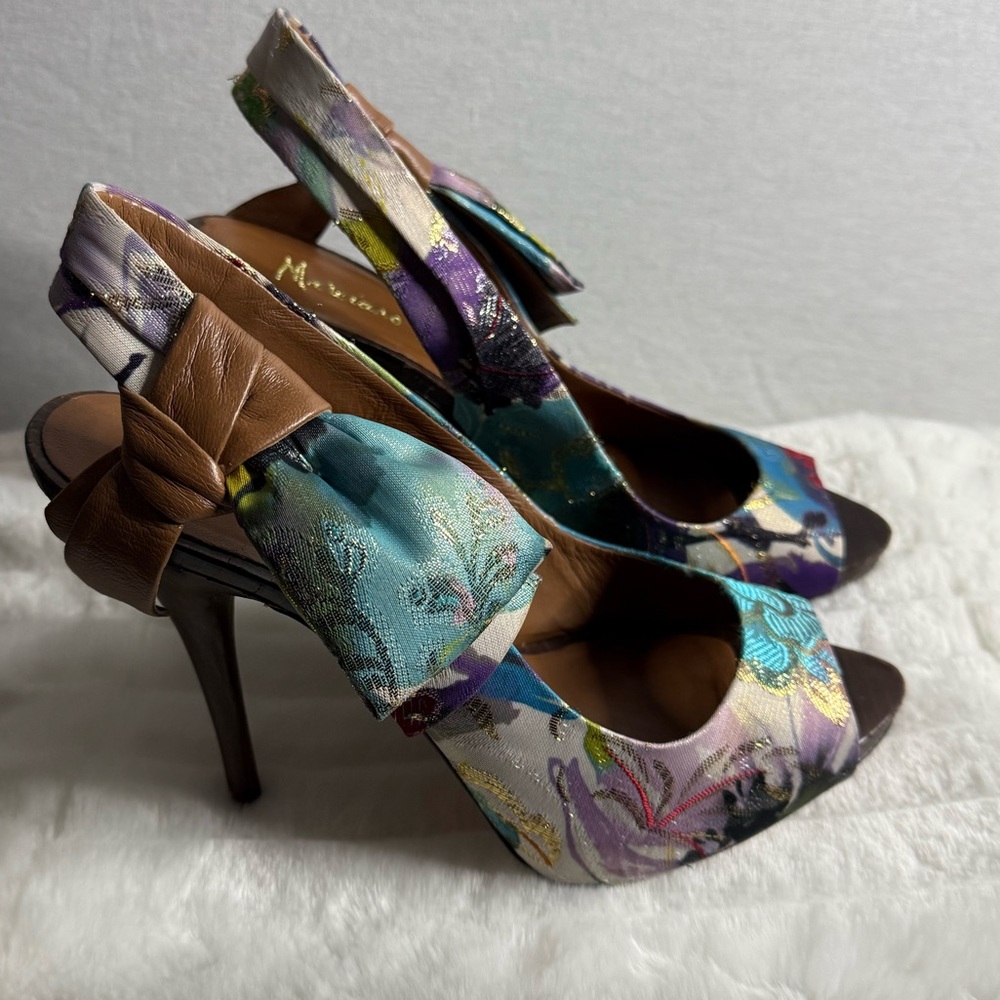 MARCIANO Leather Floral Slingback Peep Toe Heels with Bow Detail 🌺